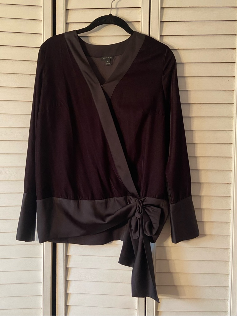 Ann Taylor Black Velvet and Silk Wrap Shirt